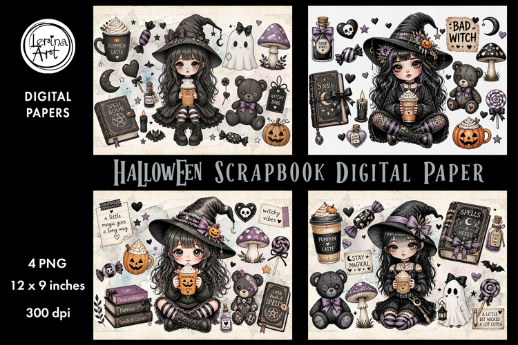 Little Witch digital papers. Junk Journal page. Scrapbook