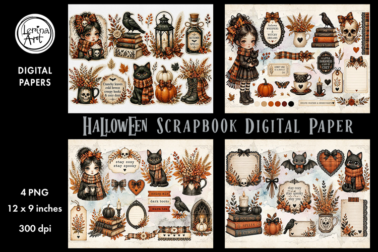 Cozy Halloween digital papers. Junk Journal page. Scrapbook