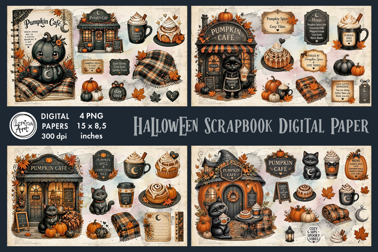 Cozy Halloween digital papers. Junk Journal page. Scrapbook
