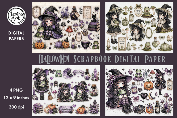 Little Witch digital papers. Junk Journal page. Scrapbook