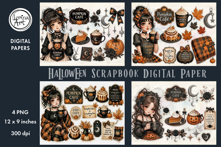 Cozy Halloween digital papers. Junk Journal page. Scrapbook