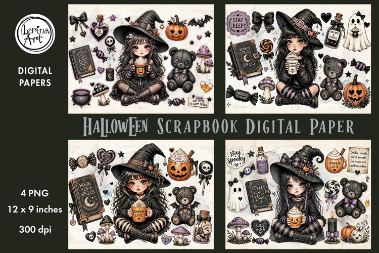 Little Witch digital papers. Junk Journal page. Scrapbook