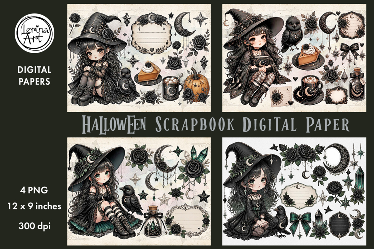 Little Witch digital papers. Junk Journal page. Scrapbook