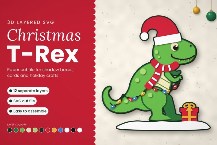3D Layered Christmas T-Rex SVG example image 1