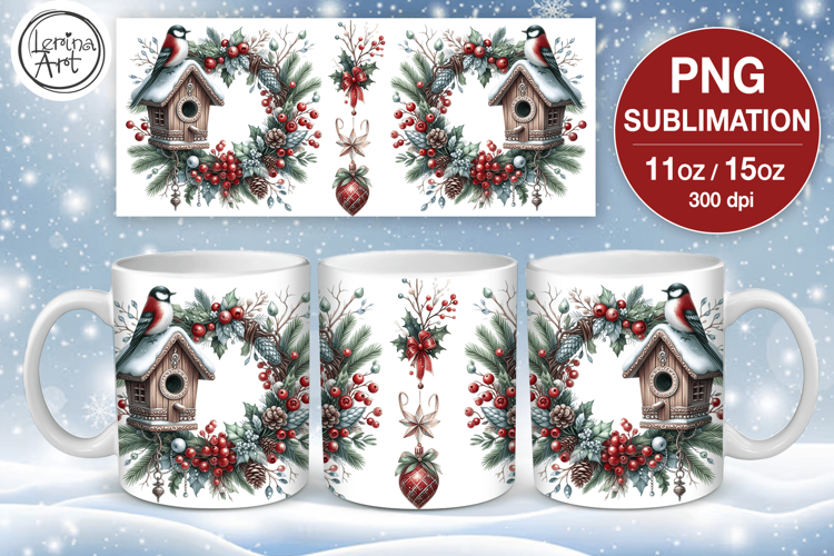 Christmas mug wrap. 11&15oz Bird House