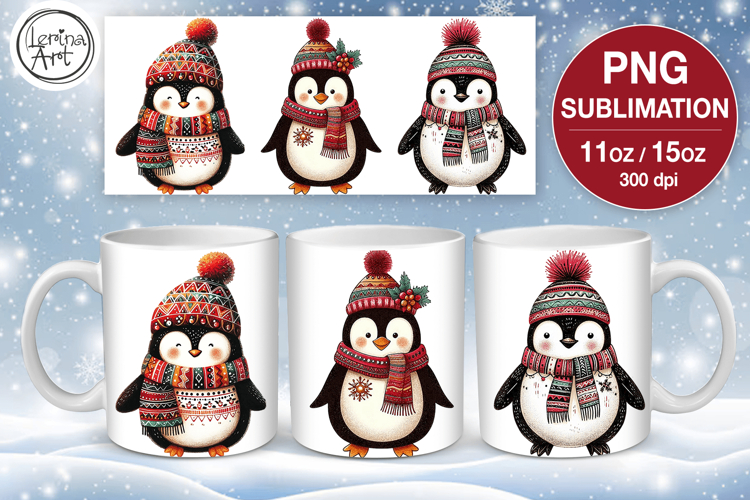 Christmas mug wrap. 11&15oz Penguins