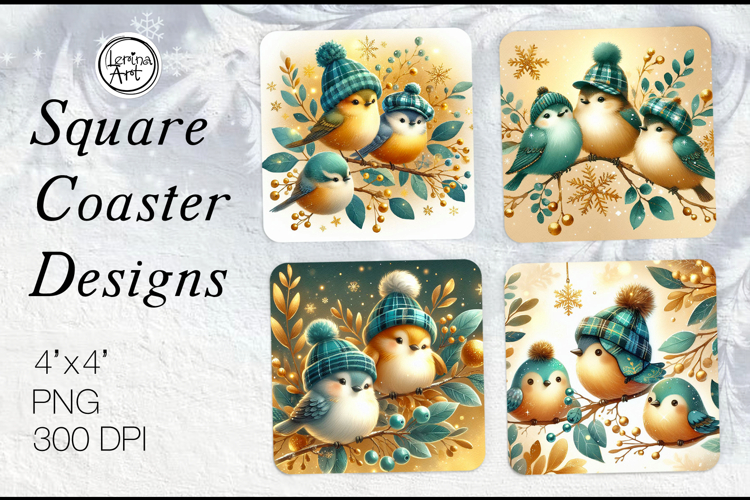Cute Birds Christmas Coaster Design, 4 PNG