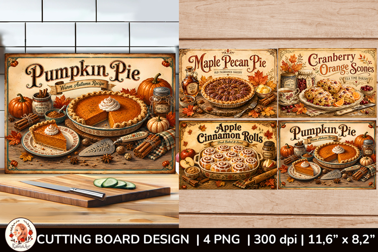 Vintage fall cutting board PNG with pumpkin pie