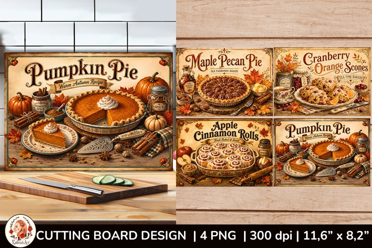 Vintage fall cutting board PNG with pumpkin pie