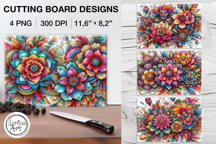 Boho Flowers Cutting Board Designs / 4 PNG