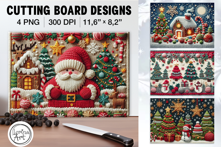 Cozy Knitted Christmas Cutting Board Designs / 4 PNG