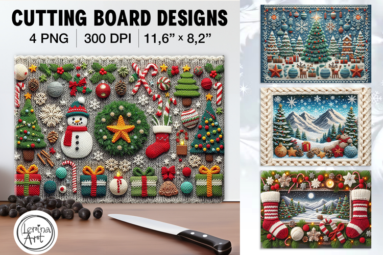 Cozy Knitted Christmas Cutting Board Designs / 4 PNG