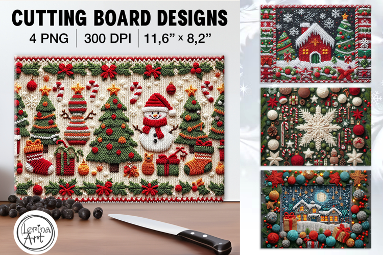 Cozy Knitted Christmas Cutting Board Designs / 4 PNG