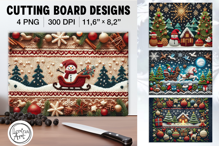 Cozy Knitted Christmas Cutting Board Designs / 4 PNG