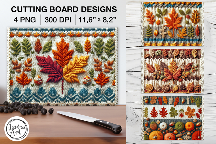 Cozy Knitted Fall Cutting Board Designs / 4 PNG