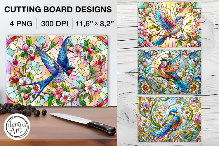 Stained Glass Spring Bird Cutting Board Designs / 4 PNG