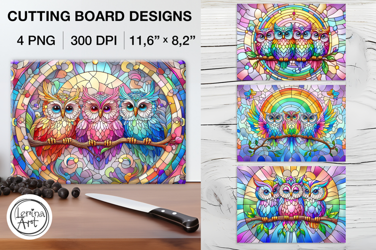 Stained Glass Cute Owl Cutting Board Designs / 4 PNG example image 1