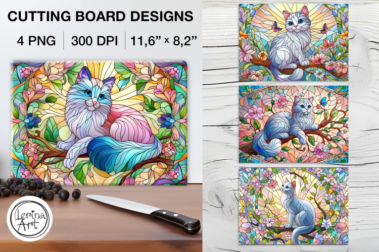 Stained Glass Cute Cat Cutting Board Designs / 4 PNG example image 1