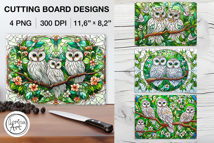 Stained Glass Cute Owl Cutting Board Designs / 4 PNG