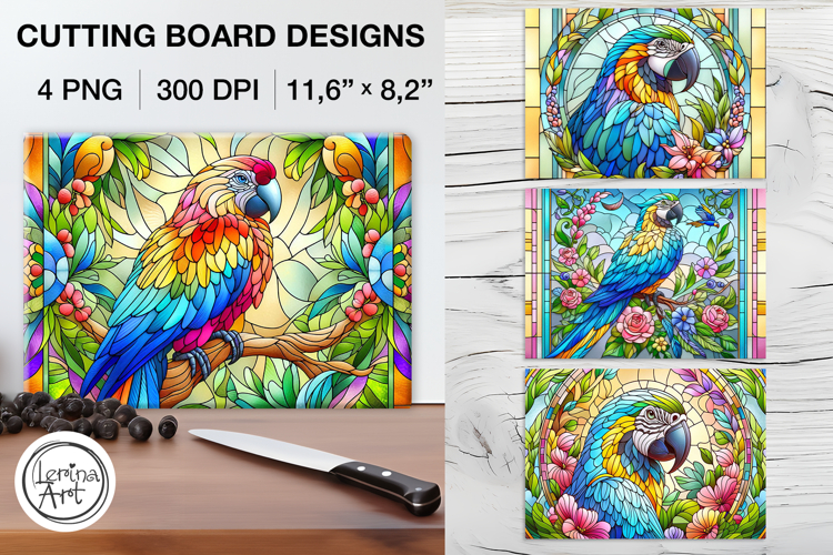Stained Glass Parrot Cutting Board Designs / 4 PNG
