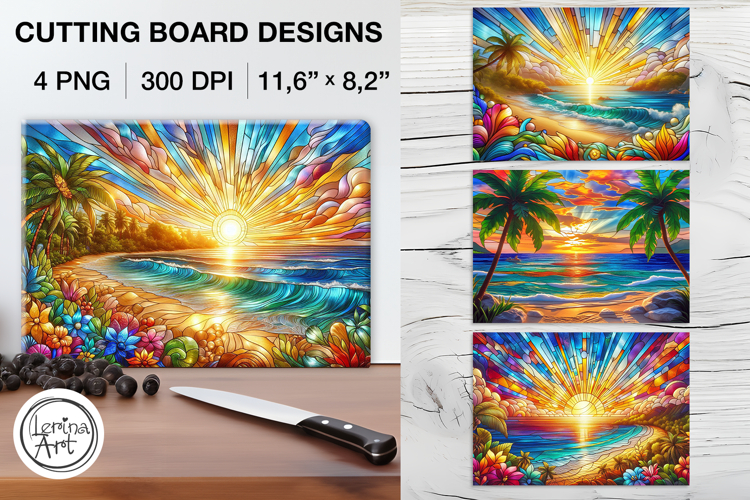 Stained Glass Sunset Cutting Board Designs / 4 PNG