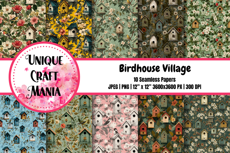 Birdhouse Village Seamless Pattern