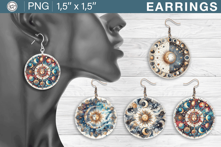 Day & Night earrings sublimation designs, 4 PNG