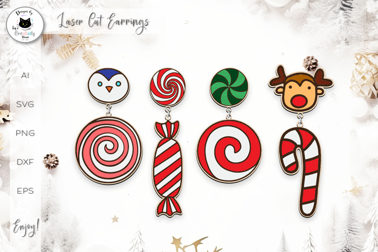 Candy Cane Stud Earrings | Laser Cut Christmas Earrings SVG