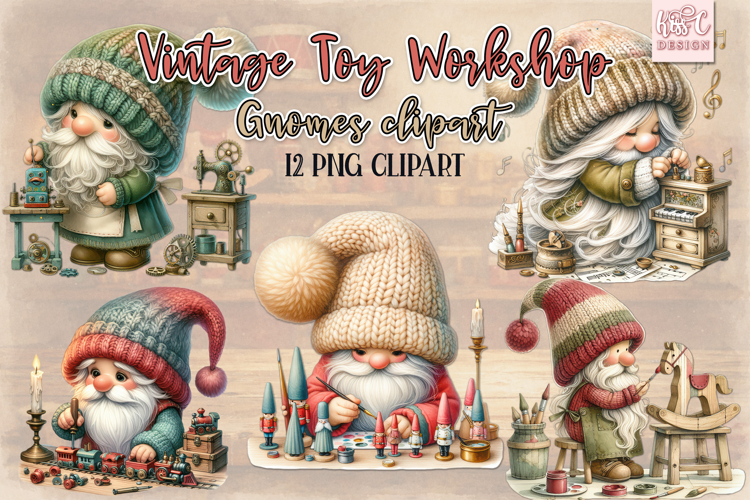 Vintage Toy Workshop Gnomes | Retro Christmas Clipart Set