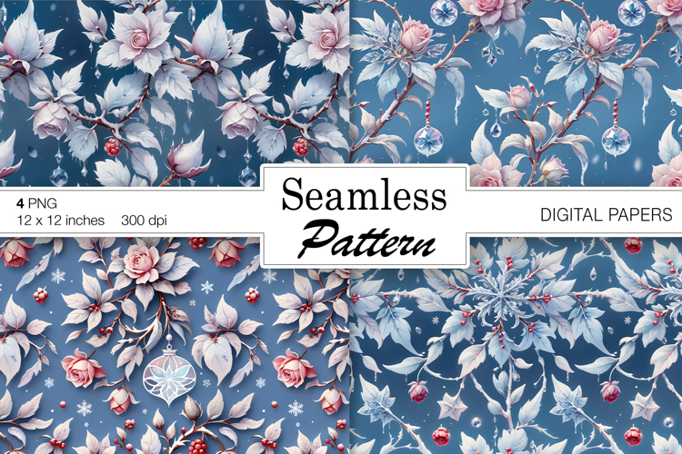 Frozen Winter Art digital papers. Christmas Seamless