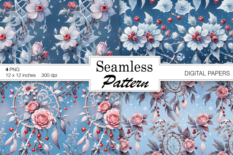 Frozen Winter Art digital papers. Christmas Seamless