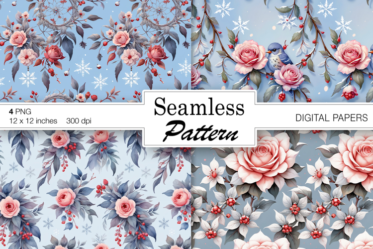 Frozen Winter Art digital papers. Christmas Seamless
