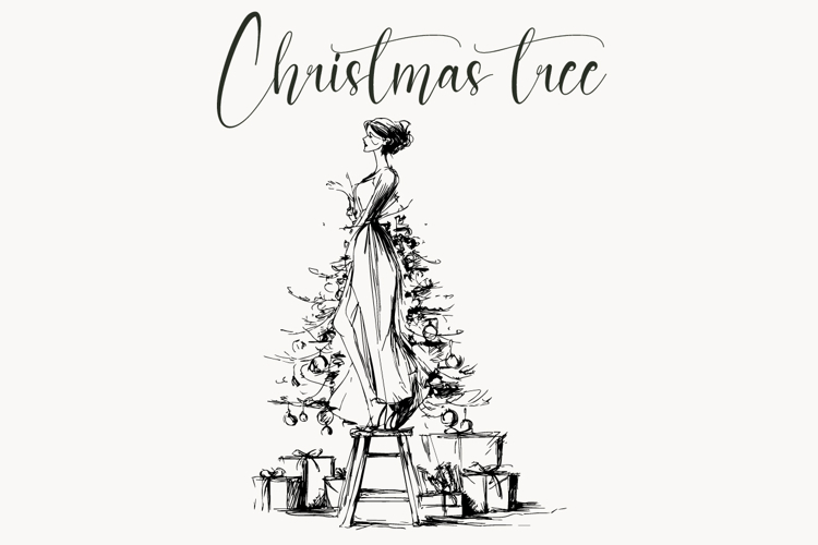 Elegant Christmas Tree Woman Line Art | Holiday Clipart