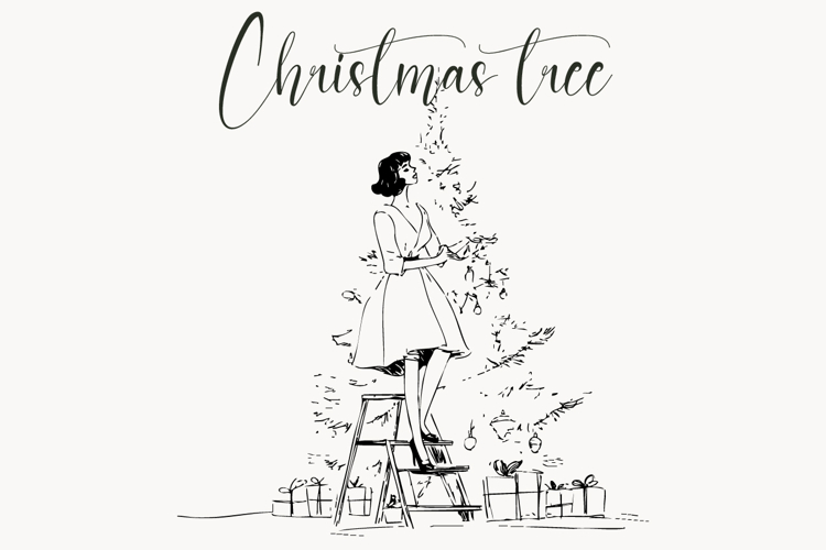 Elegant Christmas Tree Woman Line Art | Holiday Clipart