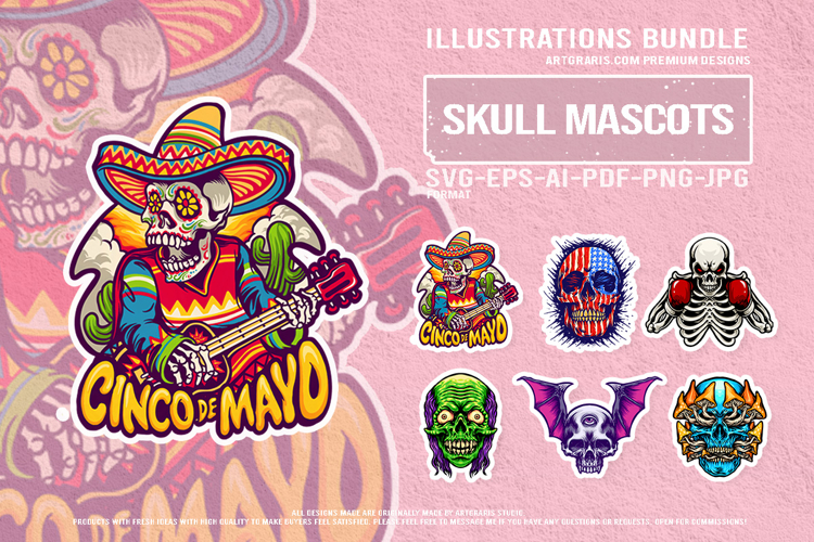 Dark fantasy skull collection with sombrero zombie wings
