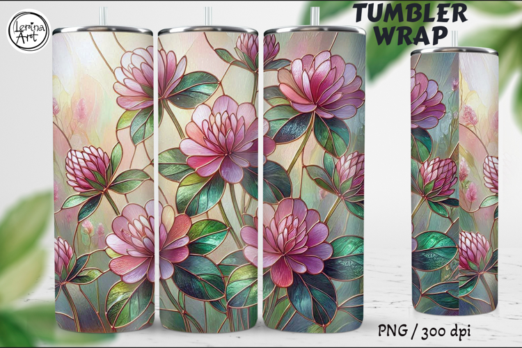 Pink Clover, Stained Glass Garden, 20 oz Tumbler wrap