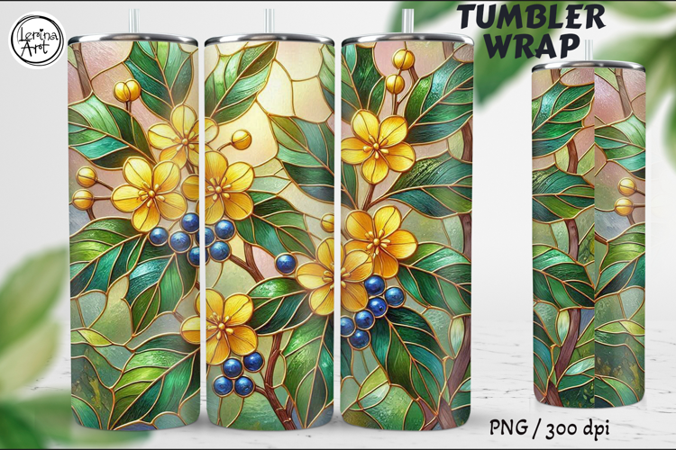 Golden Botanical Berries Stained Glass 20 oz Skinny Tumbler