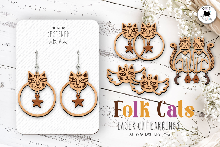 Boho Folk Cat Earrings Laser Cut SVG