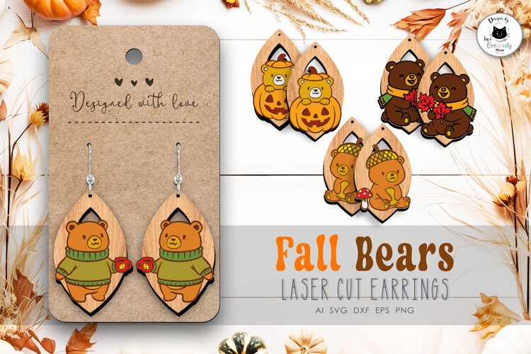 Cute Fall Bear Earrings SVG | Autumn Dangle Earrings example image 1