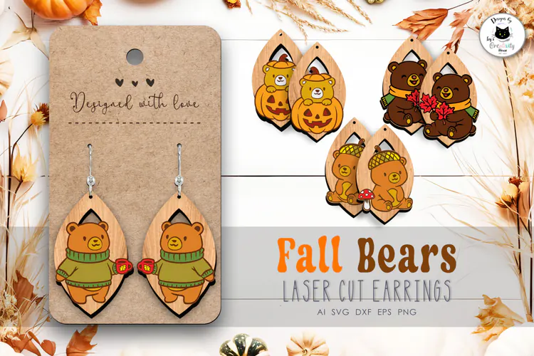 Cute Fall Bear Earrings SVG | Autumn Dangle Earrings