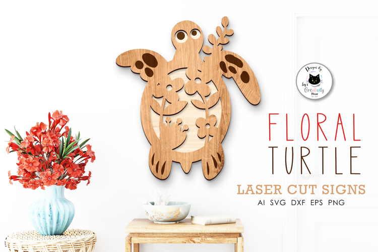 Layered Floral Sea Turtle Laser Cut Sign | Summer Sign SVG