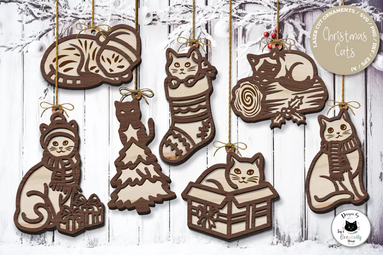Layered Christmas Cat Ornaments Laser Cut SVG