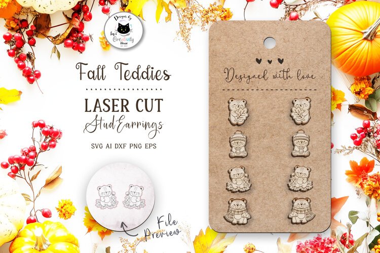 Cute Teddy Bear Fall Stud Earrings SVG | Laser Cut Crafts