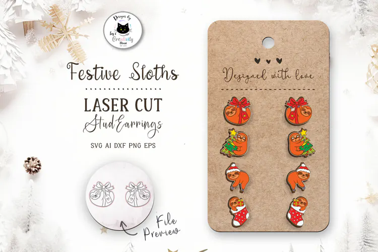 Cute Christmas Sloth Stud Earrings SVG | Laser Cut Jewelry