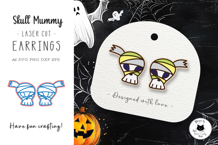 Skull Mummy Laser Cut Stud Earrings | Halloween Earrings SVG