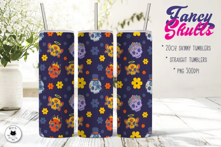 Fancy Skull Halloween Tumbler Wrap | Spooky Seamless Pattern