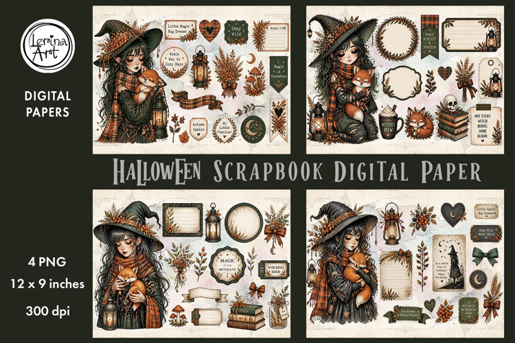 Little Witch digital papers. Junk Journal page. Scrapbook
