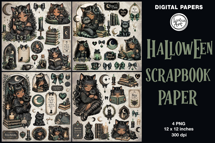 Little Witch digital papers. Junk Journal page. Scrapbook
