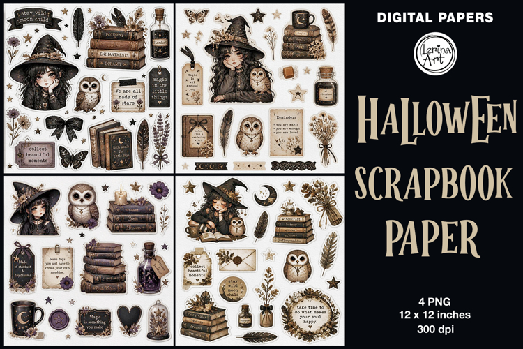 Little Witch digital papers. Junk Journal page. Scrapbook