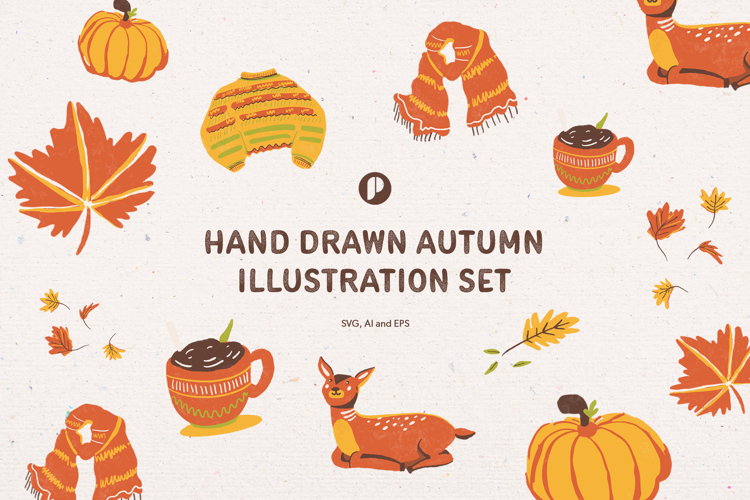 Yellow Pumpkin Cute Hand Drawn Autumn Illustration Set